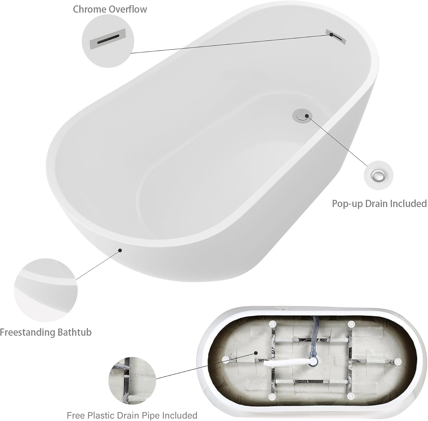 Logmey 59 Inch White Acrylic Freestanding Bathtub with Overflow Oval Shape Soaking Tub with Chrome Drain Assembly for Modern Classic Bathrooms