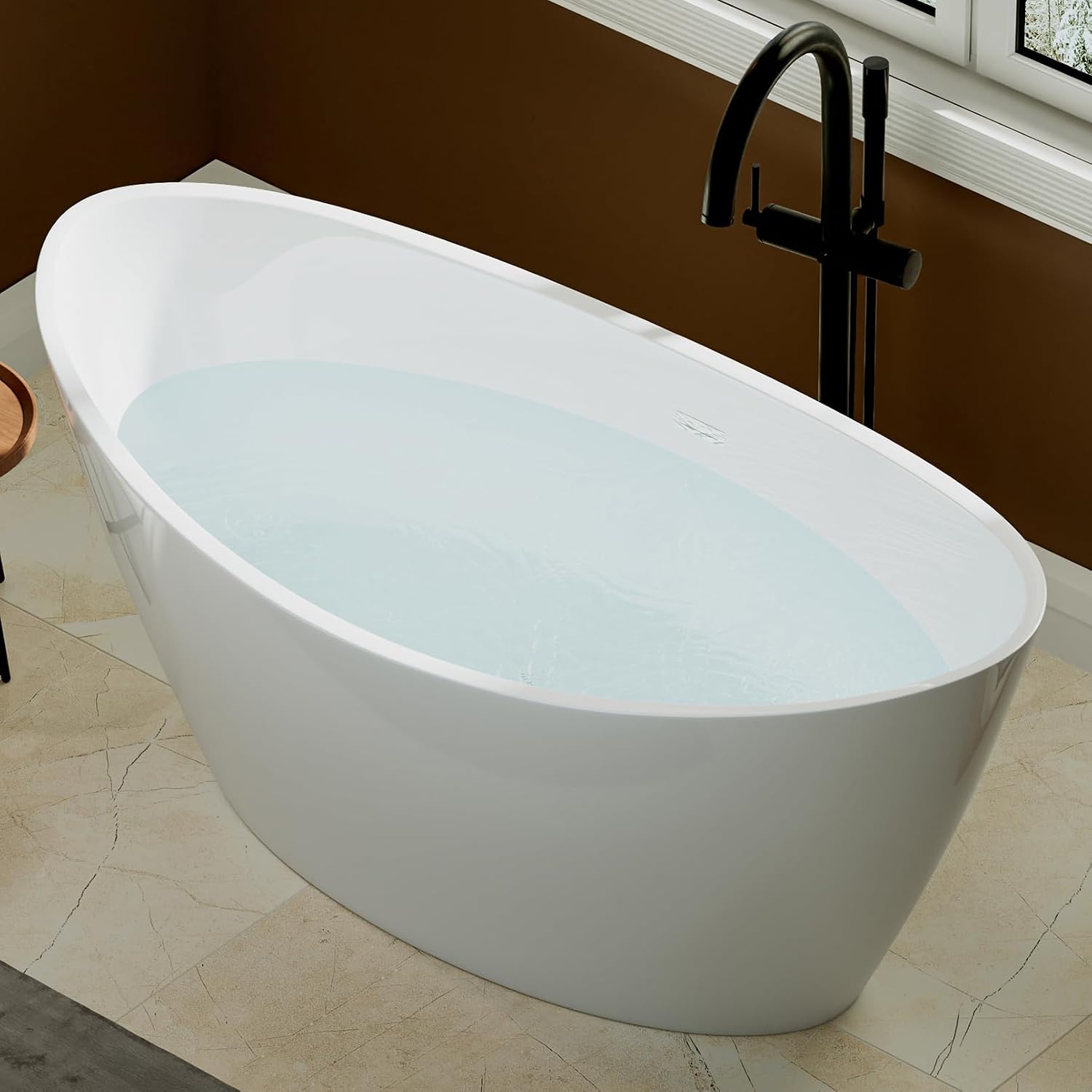Empava 59' Freestanding Bathtub – Deep Soaking Acrylic Tub for Small Bathroom, Non-Slip Flatbottom, Stress Relief Home Spa, Brushed Nickel Drain & Overflow, Single Adult, Glossy White