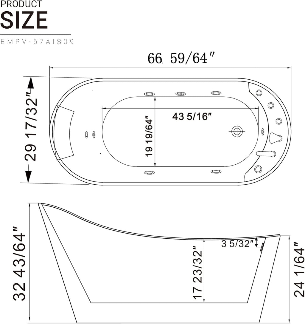 Empava 67'x 30' Freestanding Whirlpool Tub,560W Stand Alone Jetted Bathtub,Slipper Shape with Lumbar and Cervical Support, with 110V Power Plug, ETL Certified
