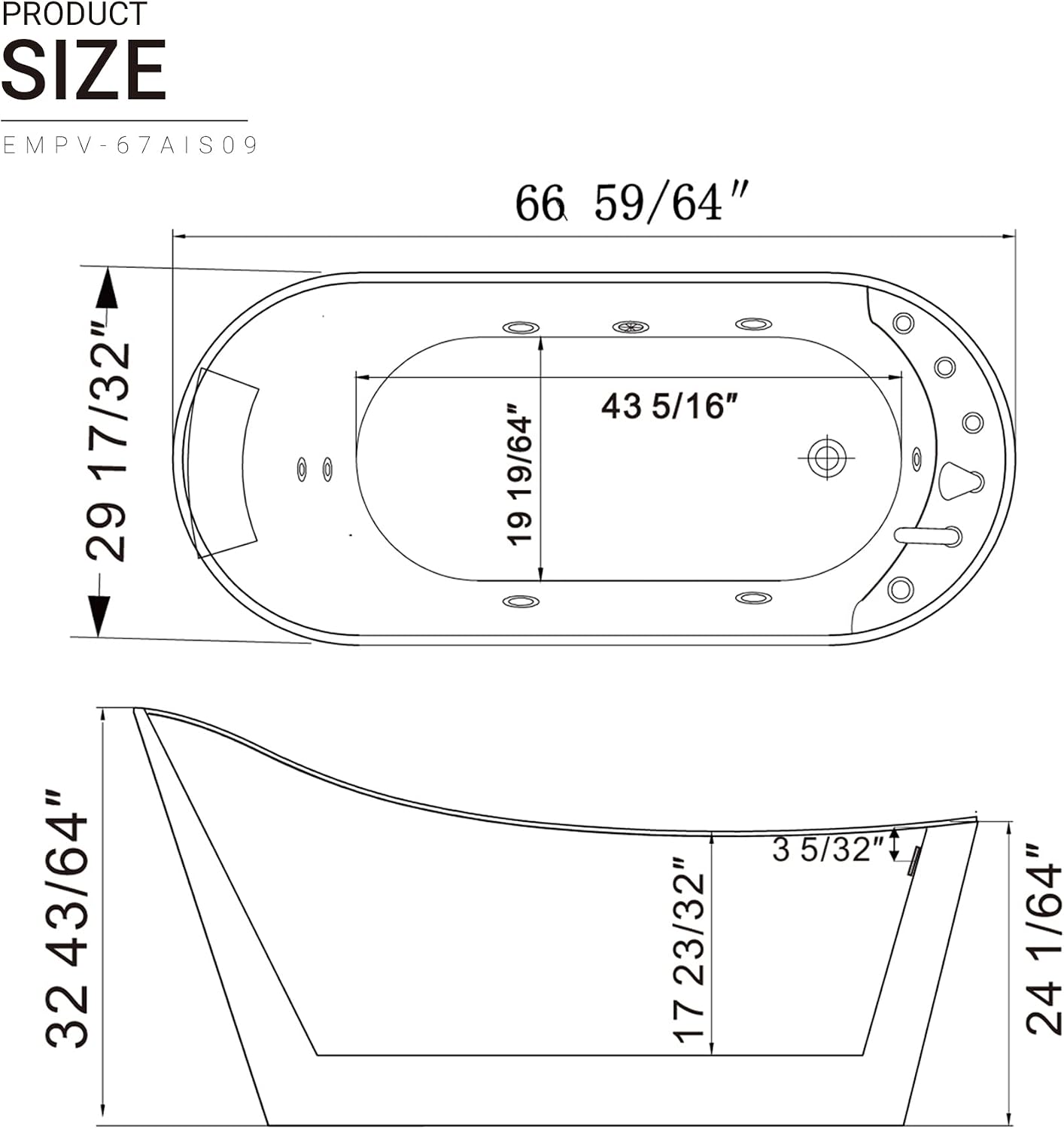 Empava 67'x 30' Freestanding Whirlpool Tub,560W Stand Alone Jetted Bathtub,Slipper Shape with Lumbar and Cervical Support, with 110V Power Plug, ETL Certified
