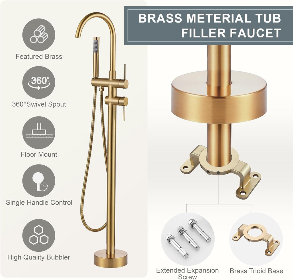 Freestanding Tub Filler Faucet, Floor Mount Brushed Gold Bathtub Faucet with Single Handheld Shower, Brass Shower Tub Faucet Set Complete, Bathtub Faucet with Shower