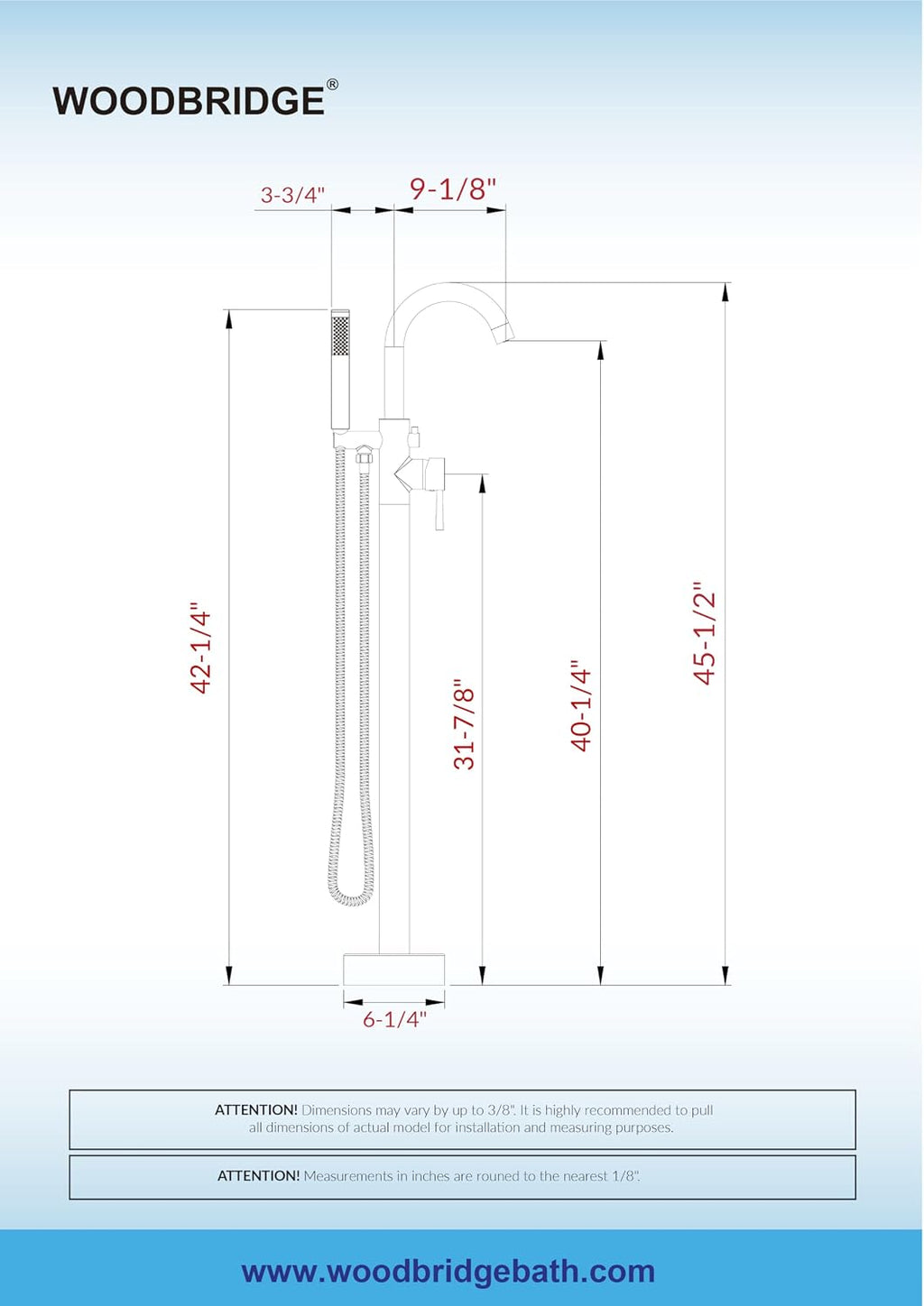 WOODBRIDGE F0023BNRD WOODBRIDGEE High Flow Rate 8 GPM Freestanding Tub Filler Faucet with Hand Shower, Brushed Nickel