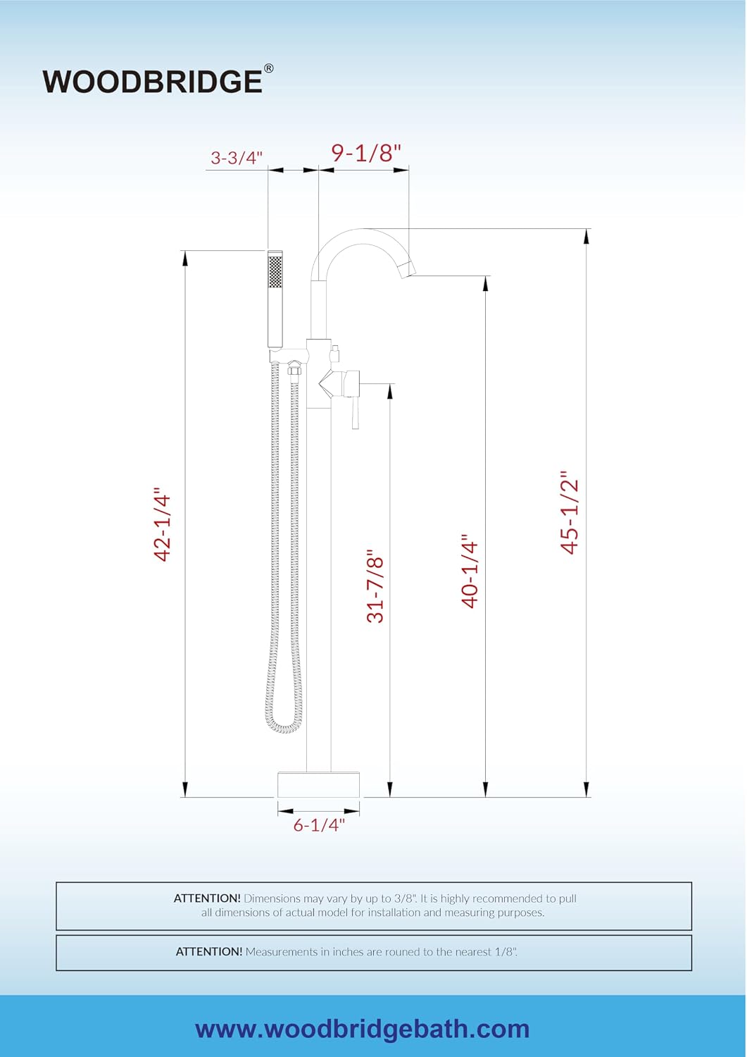 WOODBRIDGE F0023BNRD WOODBRIDGEE High Flow Rate 8 GPM Freestanding Tub Filler Faucet with Hand Shower, Brushed Nickel