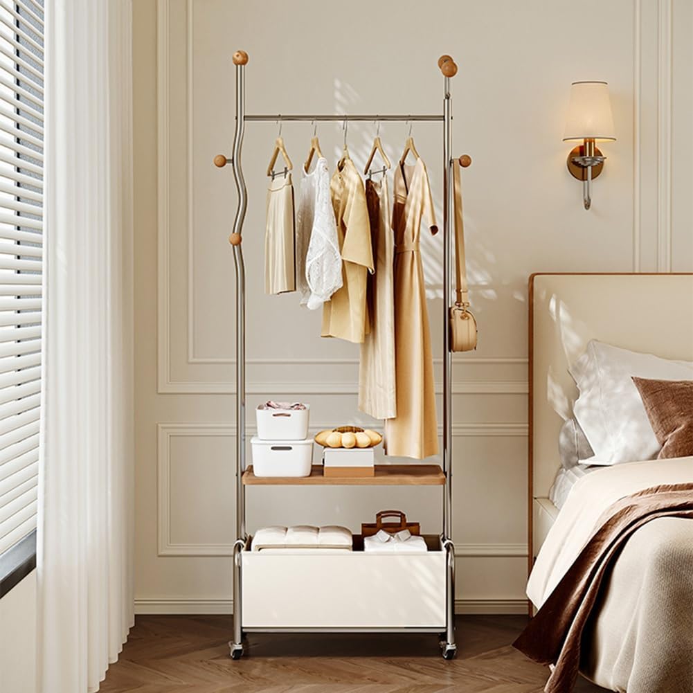 Floor-Standing Garment Rack, Coat Rack Freestanding with Storage Basket, Stable and Moveable, Rolling Clothes Rack for Bedroom, Balcony, Living Room(Black,60x32x183cm)