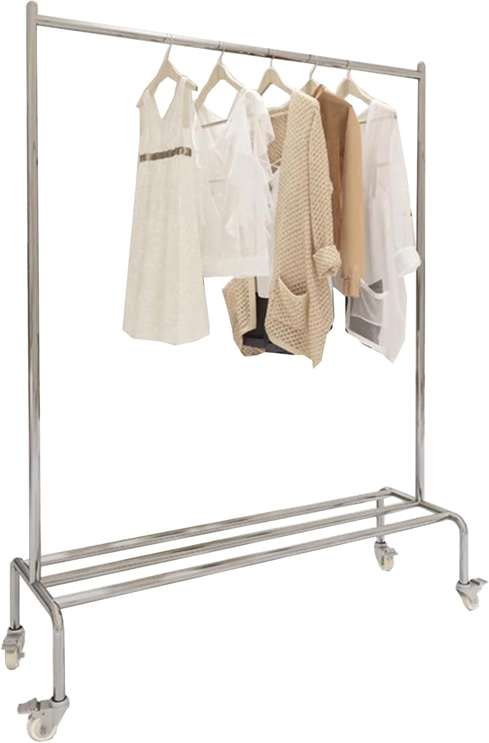 Heavy duty Garment rack 2-in-1 Clothing Rack On Wheels, Multi-functional Clothes Rack With Storage Rack, Rolling Clothes Organizer For Bedroom And Living-room, Silver Stainless Steel Coat Rack ( 80X4