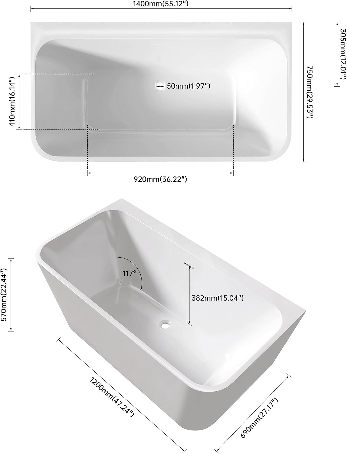 55 inch Free Standing Bathtub - Acrylic Soaking Bathtub, White | Freestanding Soaking Bathtub, Unique Contemporary Acrylic Stand Alone CUPC Free Standing Tub with Overflow and Drain