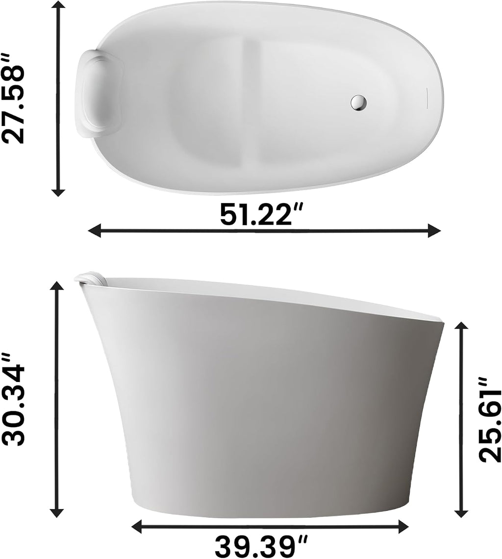 51'Freestanding Thermostatic Bathtub, Solid Surface Japanese Soaking Tub with Integrated Seat Cushion and Headrest, Includes Overflow and Drain Assembly, Oval White (White-51')