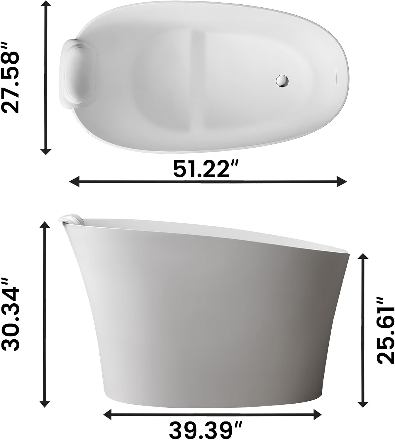 51'Freestanding Thermostatic Bathtub, Solid Surface Japanese Soaking Tub with Integrated Seat Cushion and Headrest, Includes Overflow and Drain Assembly, Oval White (White-51')