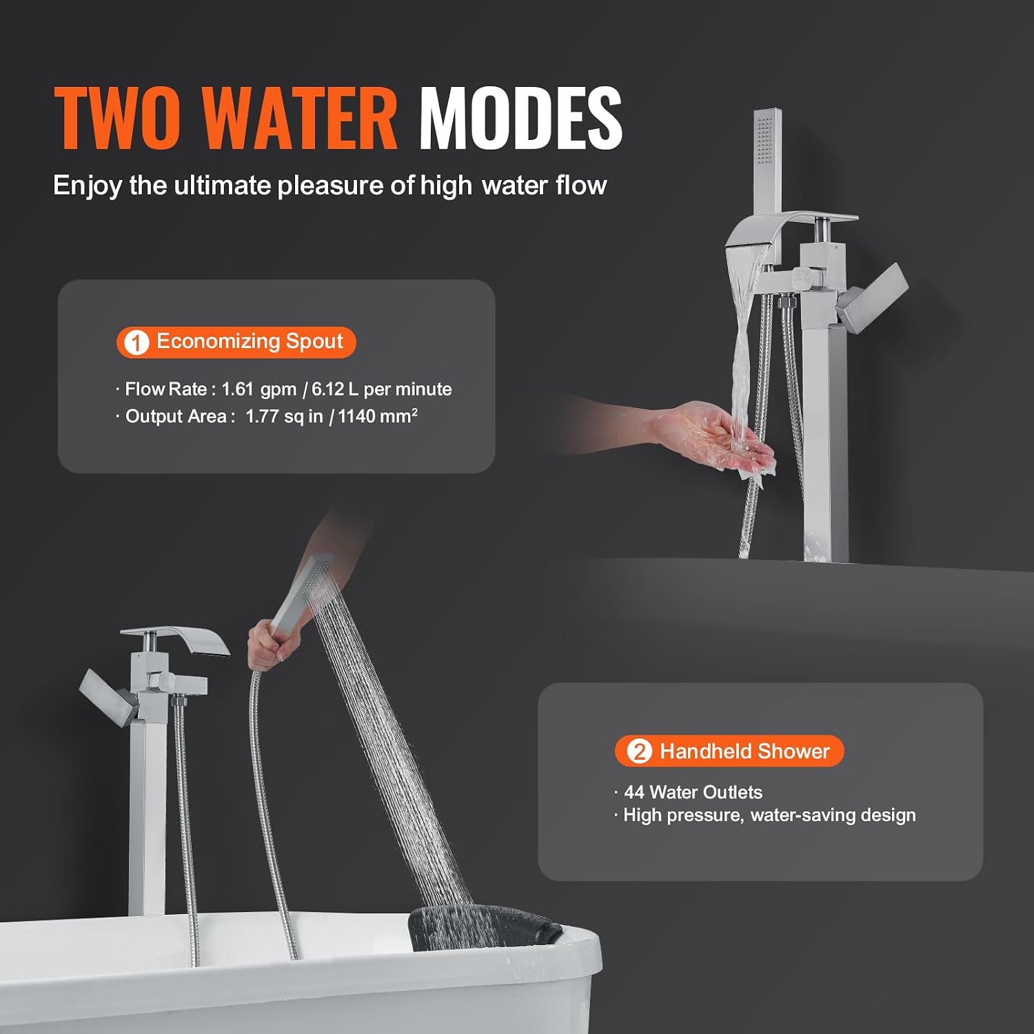 VEVOR Freestanding Bathtub Faucet, Floor Mount, Freestanding Tub Filler, Shower Mixer Taps, Two Water Modes, 360° Swivel Spout, for Bathing & Showering Pet Bathing Cleaning Drains Toilet Flushing