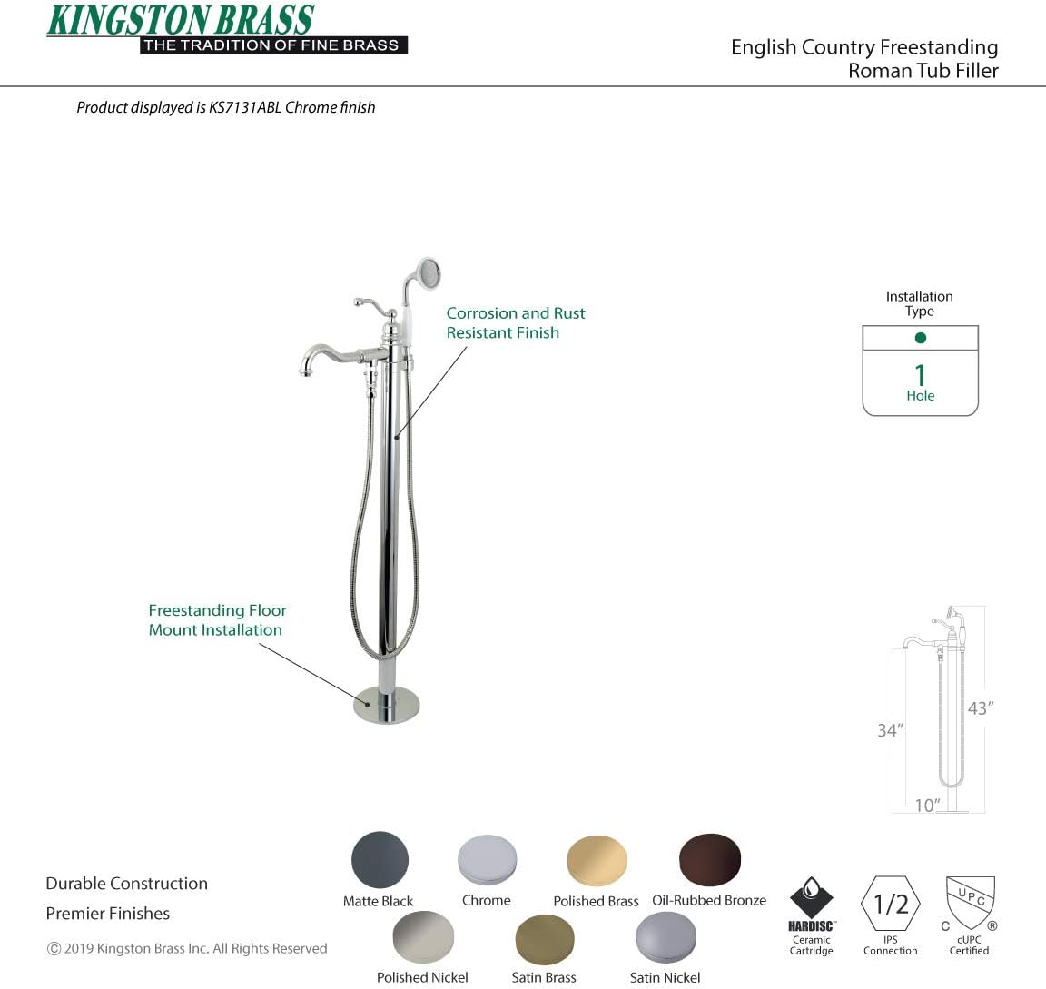 Kingston Brass KS7136ABL English Country Freestanding Tub Faucet with Hand Shower, Polished Nickel