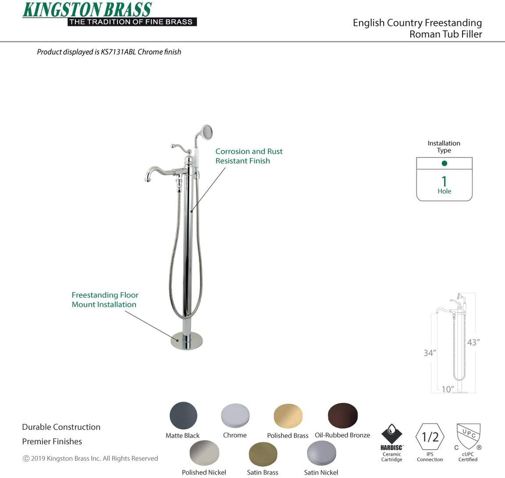 Kingston Brass KS7132ABL English Country Freestanding Tub Faucet with Hand Shower, Polished Brass