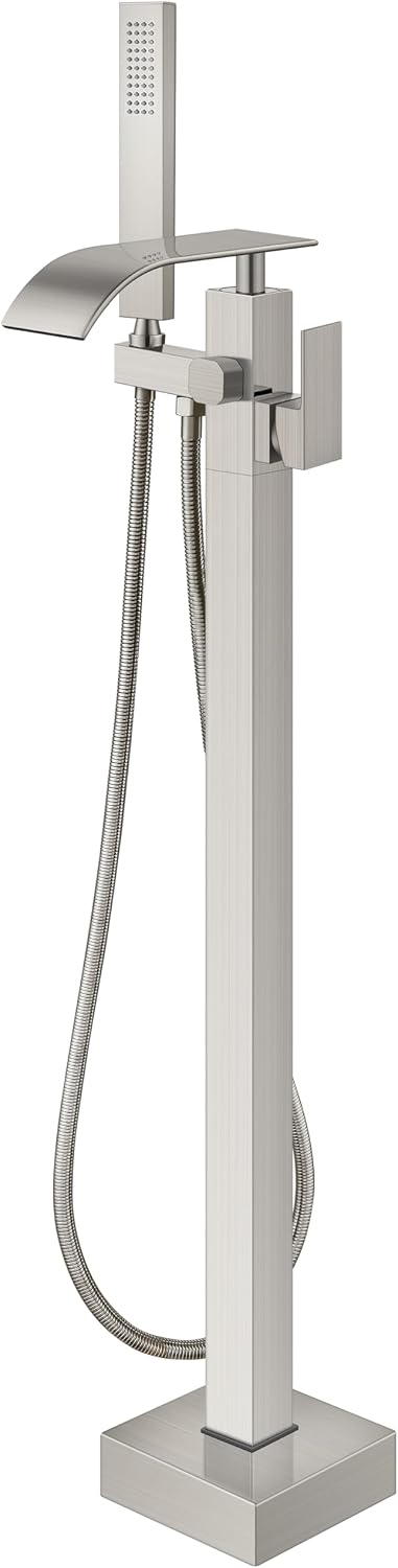 Aolemi Freestanding Bathtub Faucet Floor Mount Tub Filler Waterfall Free Standing High Flow with Handheld Shower Mixer Taps Swivel Spout Brushed Nickel