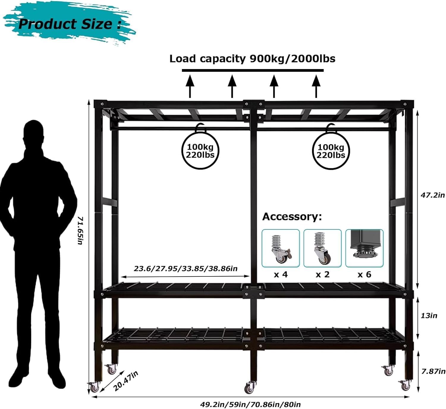 Foldable Clothe Rack with Wheel & cover Load 2000lbs Heavy-duty Portable Wardrobe for Bedroom Armoires Freestanding Clothing Coat Storage Rack rolling Garment Rack for Hanging Clothes,hazy Gray (Size