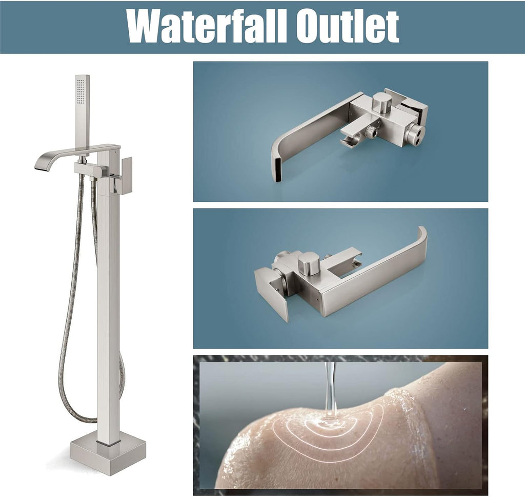Aolemi Freestanding Bathtub Faucet Floor Mount Tub Filler with Handheld Spray Single Handle Free Standing Bathroom Faucets Swivel Curved Waterfall Spout Brushed Nickel