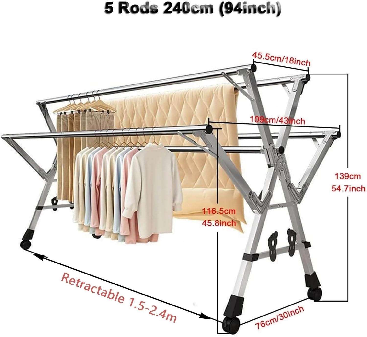 Foldable Freestanding Drying Rack,Laundry Rack for Drying Clothes - 5 Rod Stainless Steel Laundry Stand, Collapsible Clothes Drying Racks Foldable, Garment Rack, One Color-1.2-1.6m