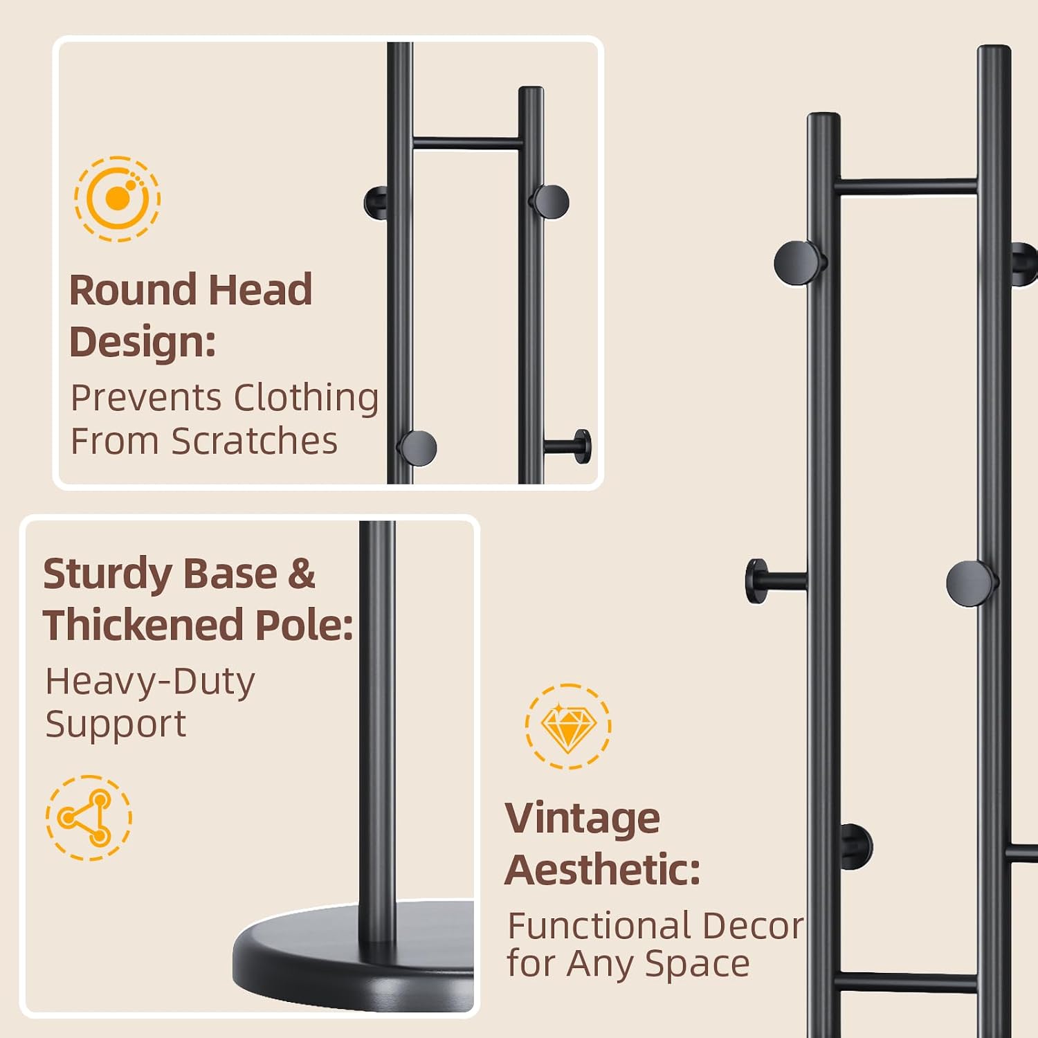 CozyDH Coat Rack Wooden Freestanding - Wood Coat Rack Freestanding Heavy Duty, Wooden Coat Stand with 6 Hooks Creative Look for Entryway, Hallway, Bedroom (Black)