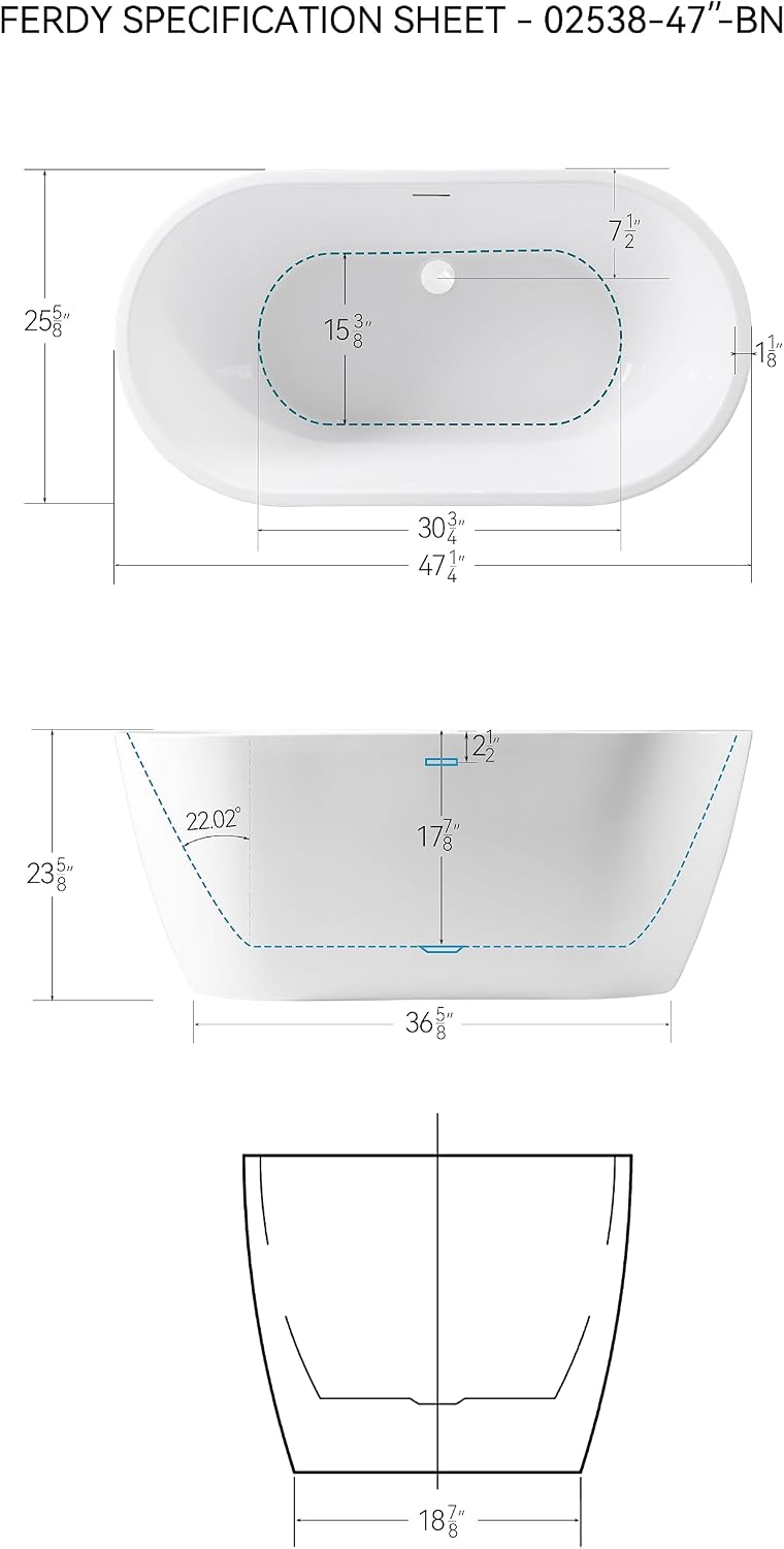 FerdY 47' Bali Acrylic Freestanding Bathtub, Gracefully Shaped Freestanding Soaking Bathtub, cUPC Certified, Toe-Tap White Drain& Bath Pillow for Bathtub,Thick Tub Pillows reathable 4D Air Mesh