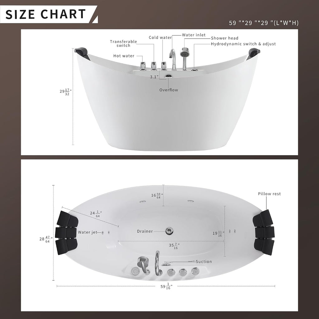 Empava 59' Freestanding Whirlpool Tub with Center Drain,Stand Alone Bathtub with 8 Hydromassage Jets, Boat-Shaped Design,Acrylic,ETL Certificated