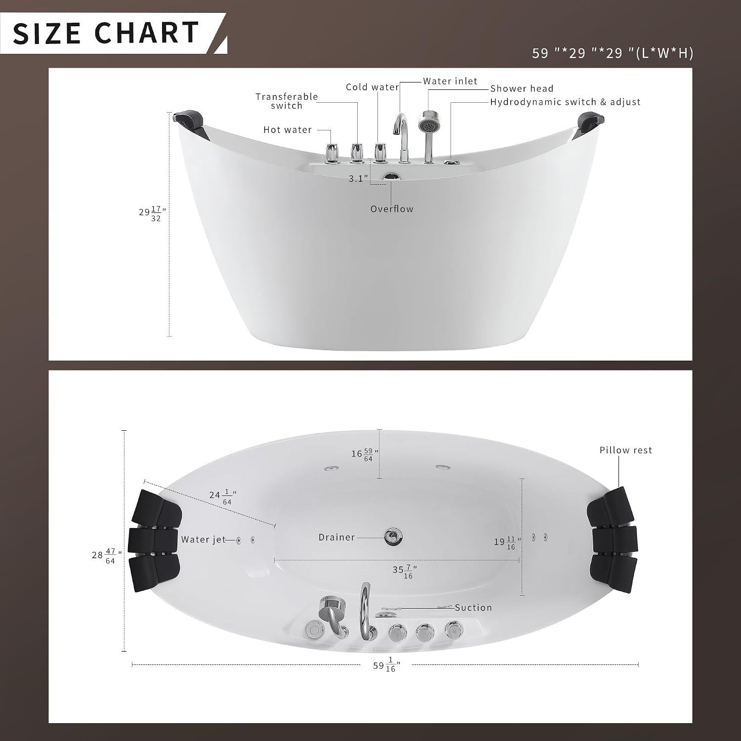 Empava 59' x 28' Freestanding Whirlpool Tub with Center Drain,560W Stand Alone Bathtub with 8 Hydromassage Jets, Unique Boat-Shaped,Acrylic,ETL Certified