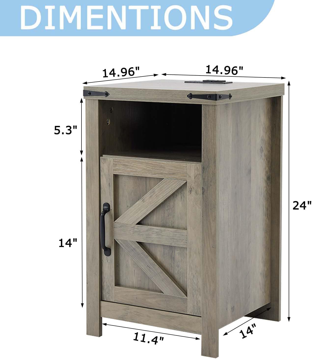 Grey Farmhouse Nightstand Set of 2, Rustic End Table with Barn Door and Shelf, Bedside Table with Charging Station for Living Room, Bedroom