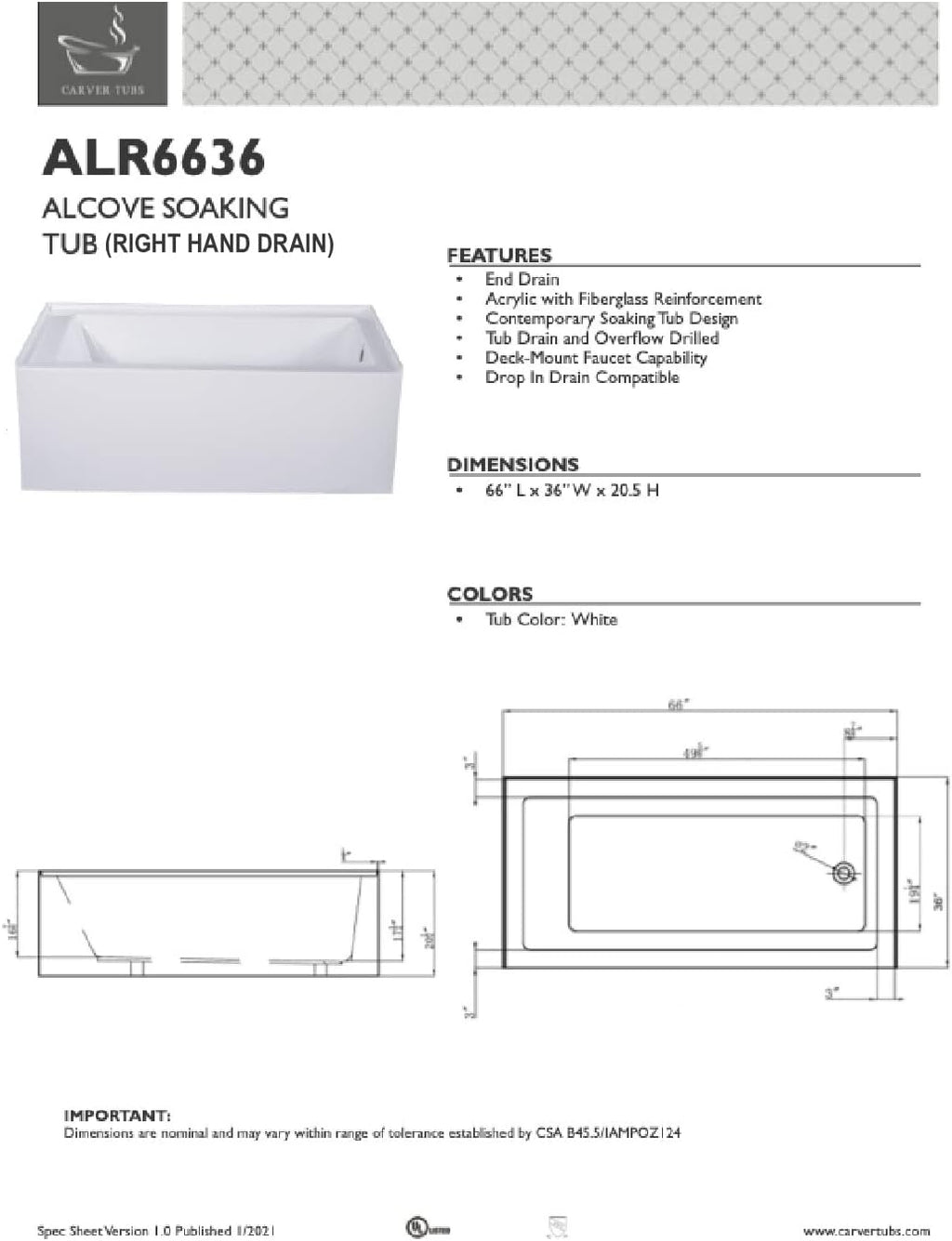 Carver Tubs - ALR6636 - Acrylic Freestanding Alcove Soaking Bathtub, Chrome Drain and Center Slotted Overflow Included- White Rectangle Acrylic Tub - Right Hand Drain - 66' L x 36' W x 20.5' H