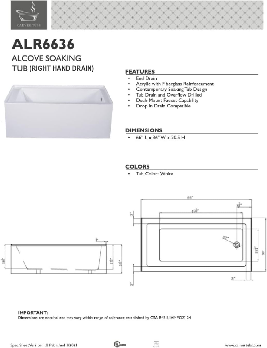 Carver Tubs - ALR6636 - Acrylic Freestanding Alcove Soaking Bathtub, Chrome Drain and Center Slotted Overflow Included- White Rectangle Acrylic Tub - Right Hand Drain - 66' L x 36' W x 20.5' H