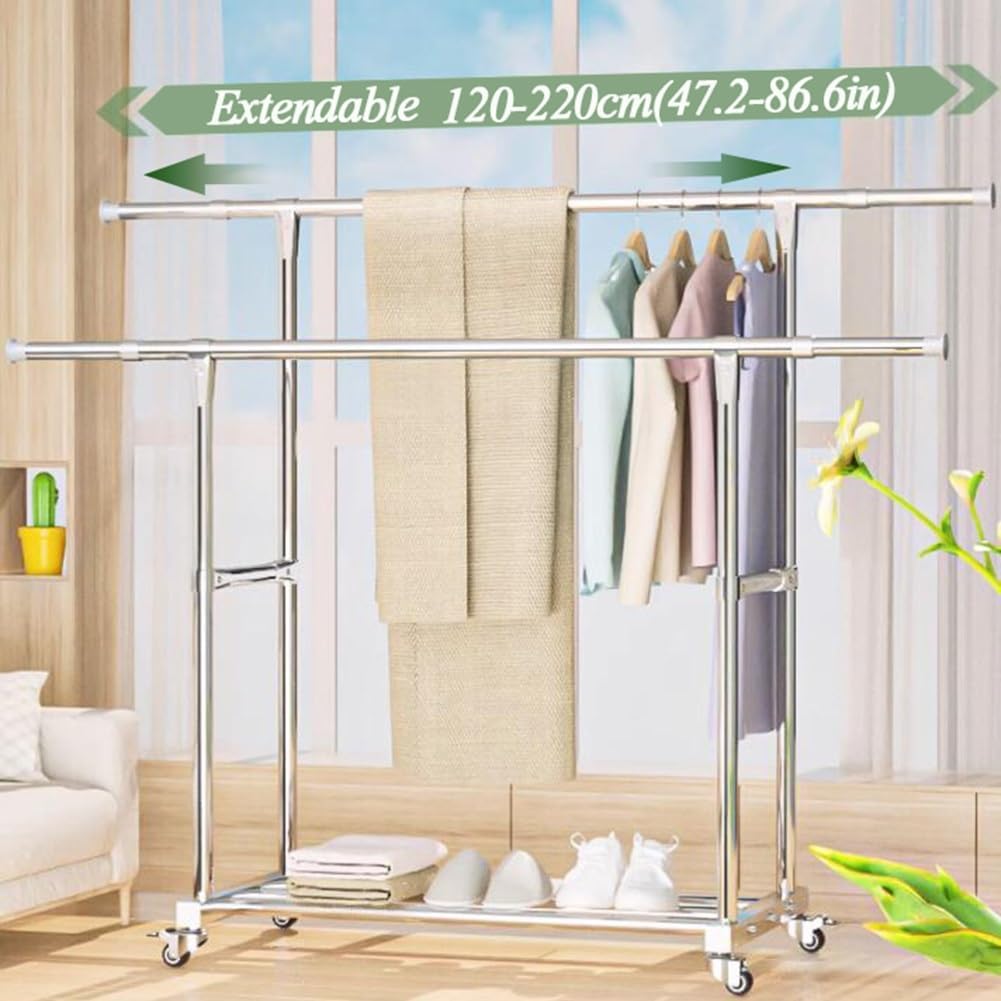 Double Rod Extendable Clothes Garment Rack with Wheels, Rolling Clothes Organizer with Storage Shelf, Clothes Rail with 4 Wheels, Space Saving, Load 100kg
