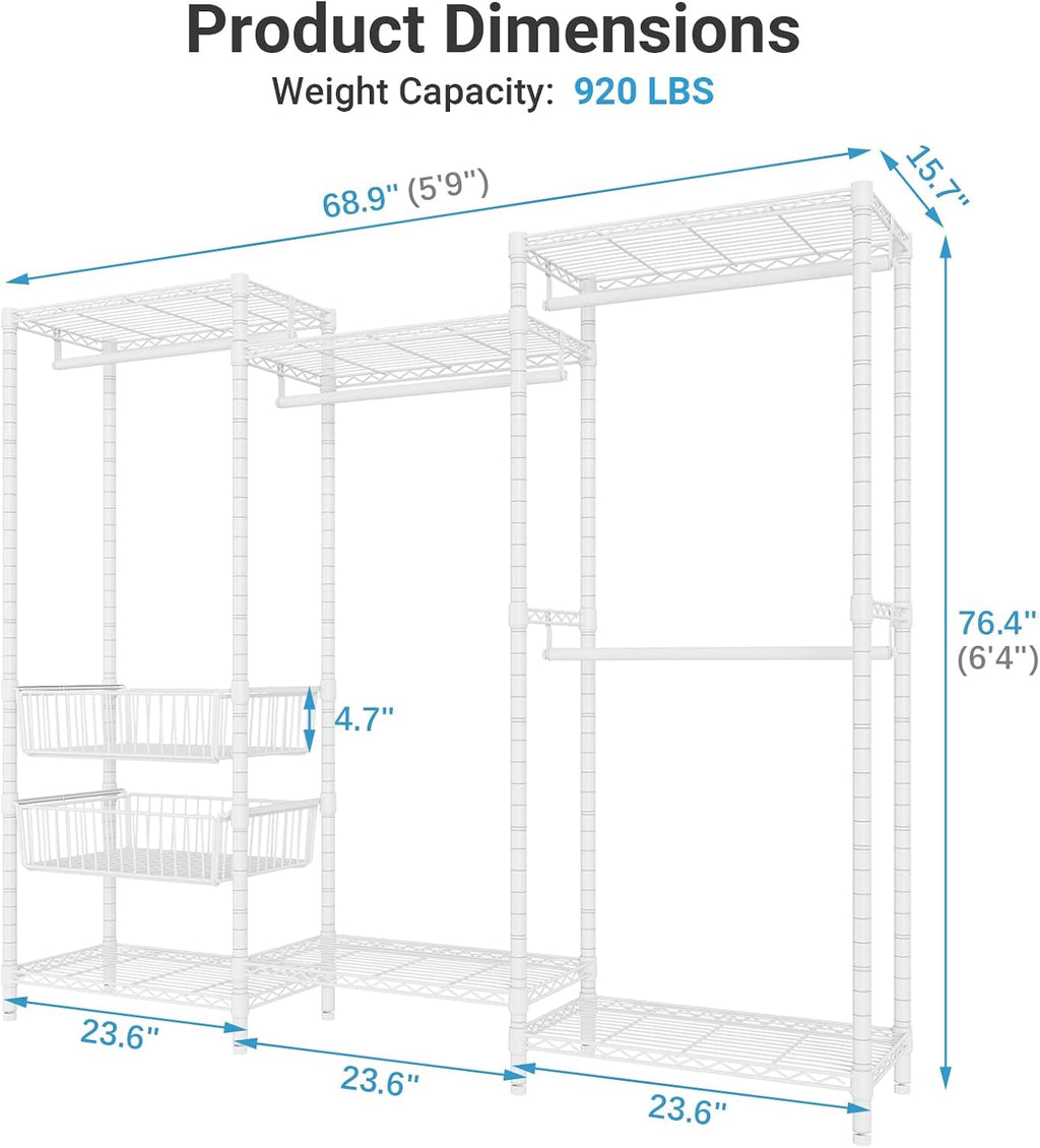 VIPEK V10 Wire Garment Rack 5-Tiers Heavy Duty Clothes Rack Large Size Clothing Rack with 4 Hanging Rods, 6 Wire Shelves and 2 Slid Baskets, 68.9' W x 15.7' D x 76.4' H, Max Load 920 LBS, White
