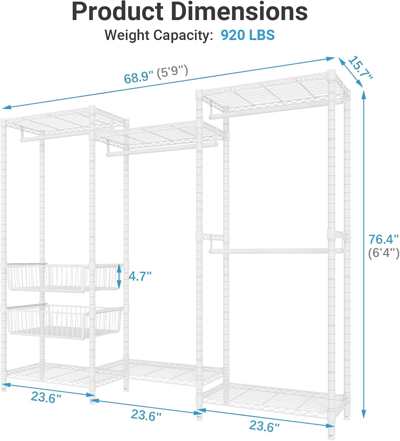 VIPEK V10 Wire Garment Rack 5-Tiers Heavy Duty Clothes Rack Large Size Clothing Rack with 4 Hanging Rods, 6 Wire Shelves and 2 Slid Baskets, 68.9' W x 15.7' D x 76.4' H, Max Load 920 LBS, White