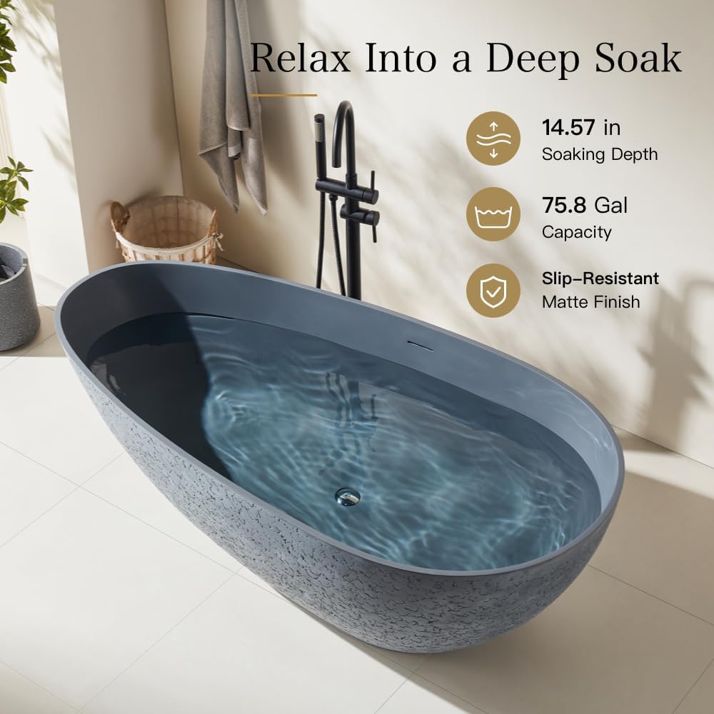 67' Stone Resin Luxury Contemporary Solid Surface Freestanding Bathtub in Cement Point Treatment Oval Tub