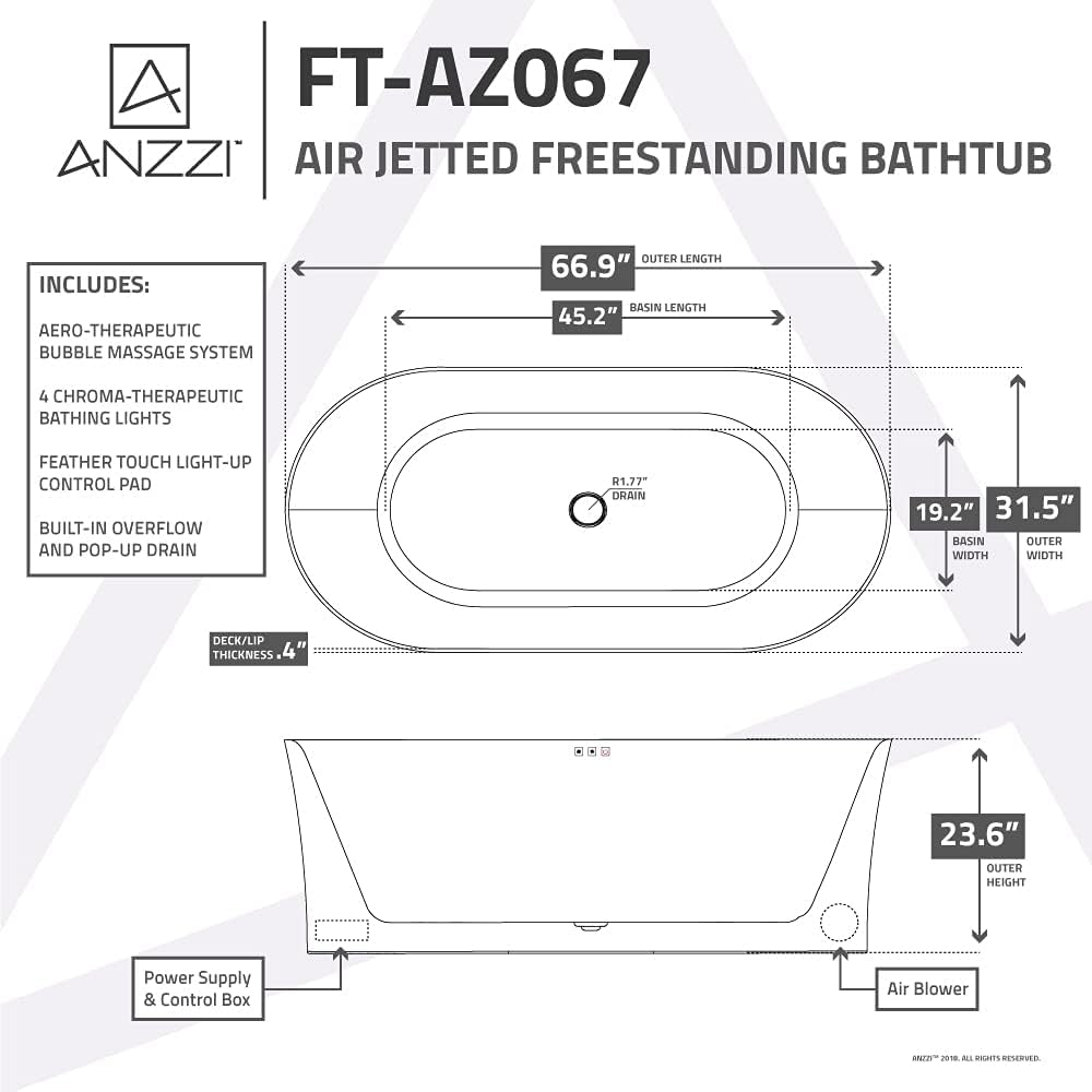 ANZZI Whirlpool Freestanding Bathtub 67 Inch Jericho Series Air Jetted Acrylic Glossy White, 200+ Bubble Jets, 4 Chroma-Therapeutic Lights, Center Drain, 80 gal, Overflow, Pop-Up Drain | FT-AZ067