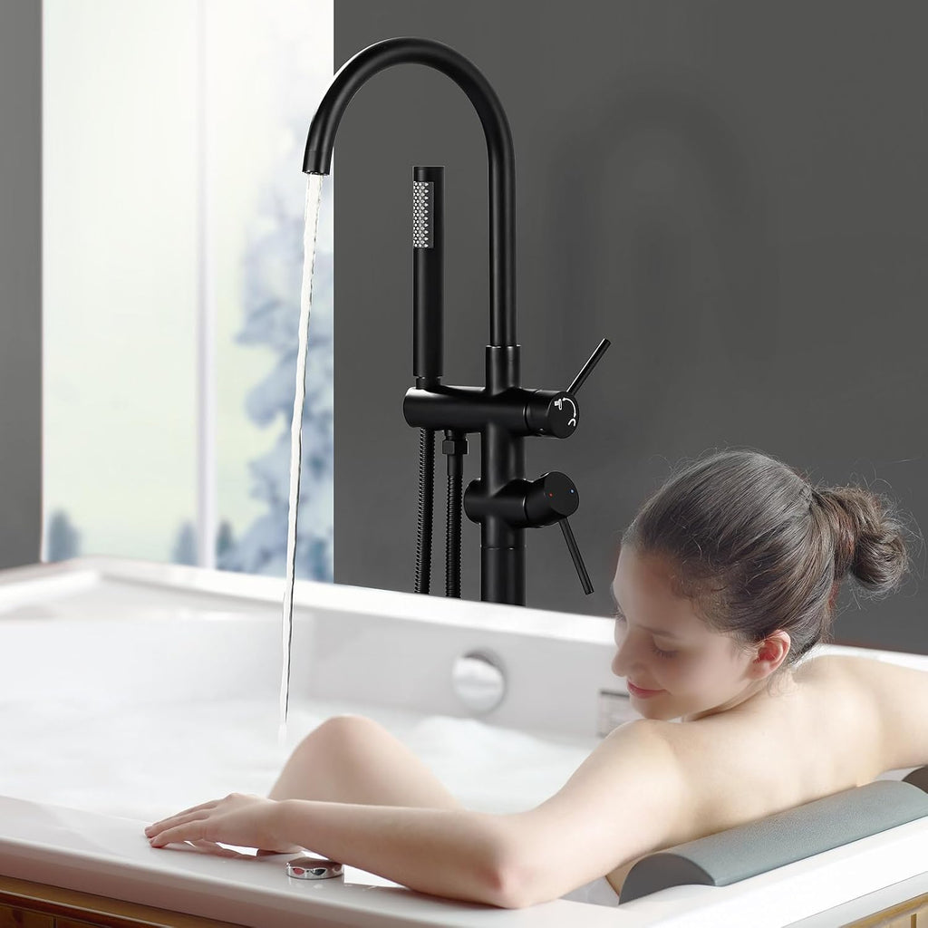 Freestanding Tub Filler Faucet, Floor Mount Matte Black Bathtub Faucet with Single Handheld Shower, Brass Shower Tub Faucet Set Complete, Bathtub Faucet with Shower