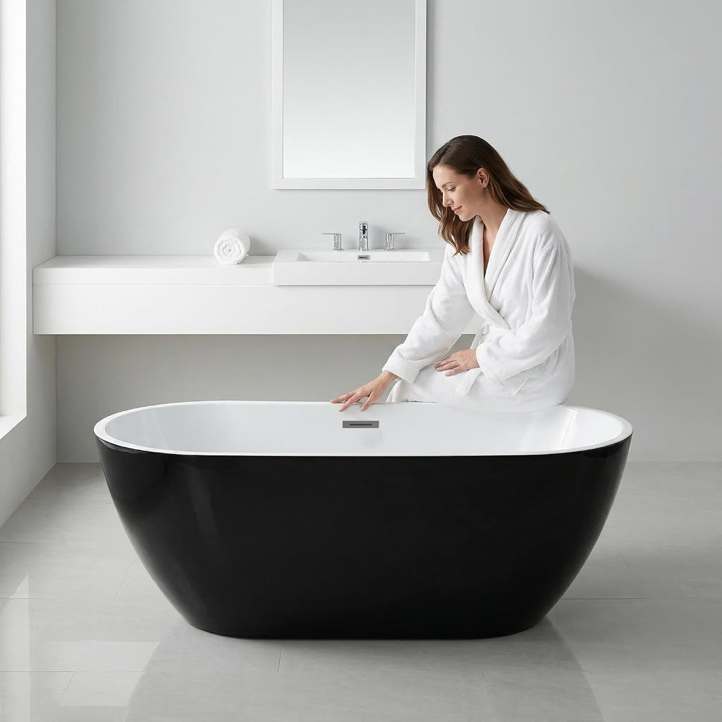 Acrylic Freestanding Bathtub, 67 Inch Deep Soaking Tub, One End Raised, White Interior Black Exterior, Chrome Pop-Up Drain, Overflow, Modern Acrylic Stand Alone Tub for Home, Bathroom