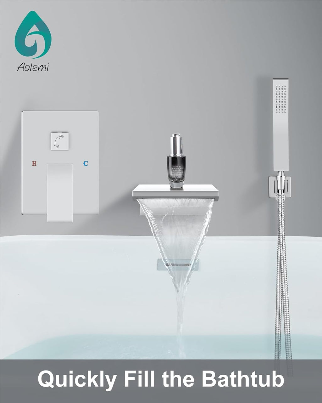 Aolemi Wall Mount Bathtub Faucet,Tub Faucet Set Waterfall Wall Mounted Tub Filler with Handheld Sprayer Single Handle,Polish Chrome