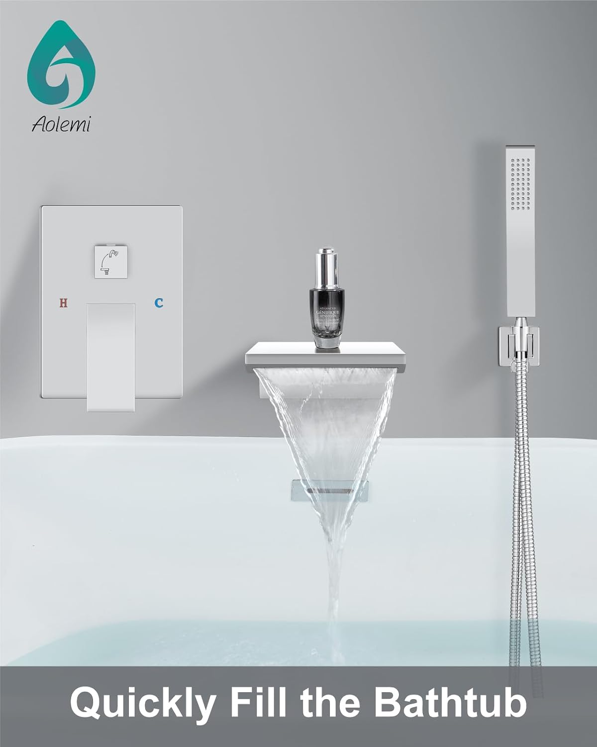 Aolemi Wall Mount Bathtub Faucet,Tub Faucet Set Waterfall Wall Mounted Tub Filler with Handheld Sprayer Single Handle,Polish Chrome
