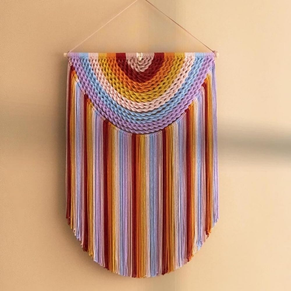 Colorful Cotton Wall Tapestry, Boho Tapestry with Solid Wood Rod, Hand Woven Large Macrame Wall Hanging, Exquisite Woven Wall Decor for Living Room and Bedroom