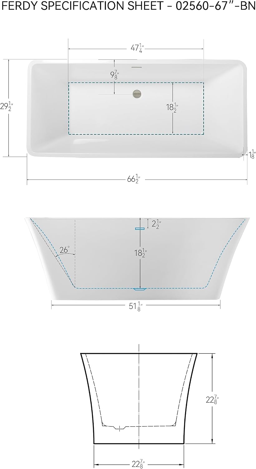 FerdY Sentosa 67' Acrylic Freestanding Bathtub, Contemporary Design Soaking Tub with Brushed Nickel Drain and Minimalist Linear Design Overflow, Easy to Install, 02560