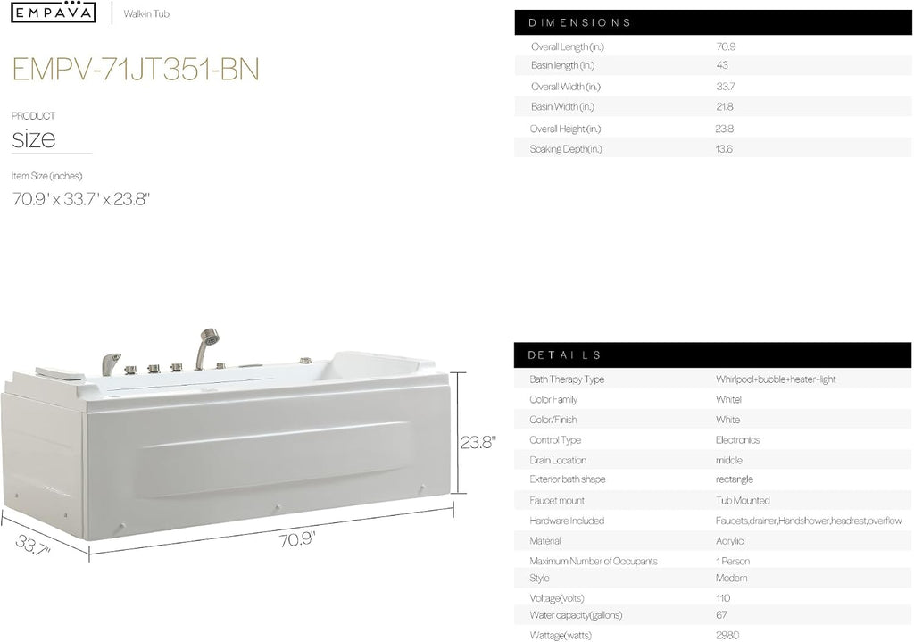 Empava Acrylic Whirlpool Bathtub, 71-Inch Jetted Bathtub with Healing Chromotherapy, Heated tub with LED Control Panel, Comforting Hydro Massage Tub with Waterfall, Brushed Nickel Hardware and Nozzles