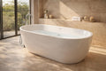 ANZZI 67 In Freestanding Acrylic Bathtub Flat Bottom Soaking Tub White Gloss Finish Integrated Overflow Modern Bathroom Mone Series 66.5 x 29.1 x 22.4 In Capacity 63.4 Gal | AMZFT903-67