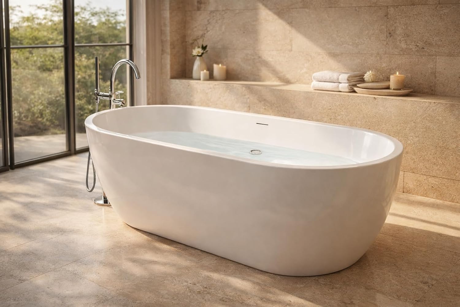 ANZZI 67 In Freestanding Acrylic Bathtub Flat Bottom Soaking Tub White Gloss Finish Integrated Overflow Modern Bathroom Mone Series 66.5 x 29.1 x 22.4 In Capacity 63.4 Gal | AMZFT903-67