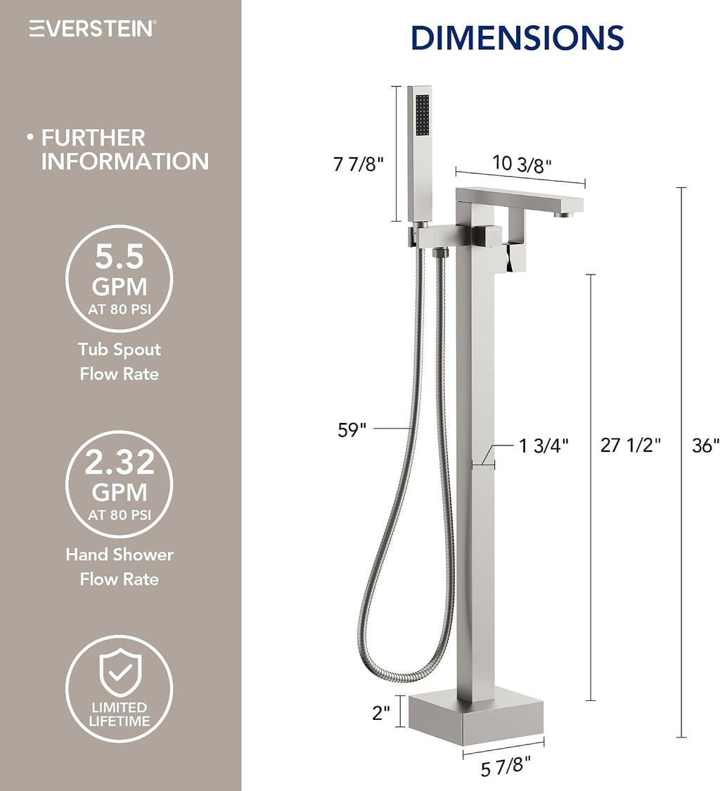 Freestanding Bathtub Faucet with Hand Held Shower, Floor Mount Tub Filler, Brass Bath Tub Faucet, Valve Included，Brushed Nickel