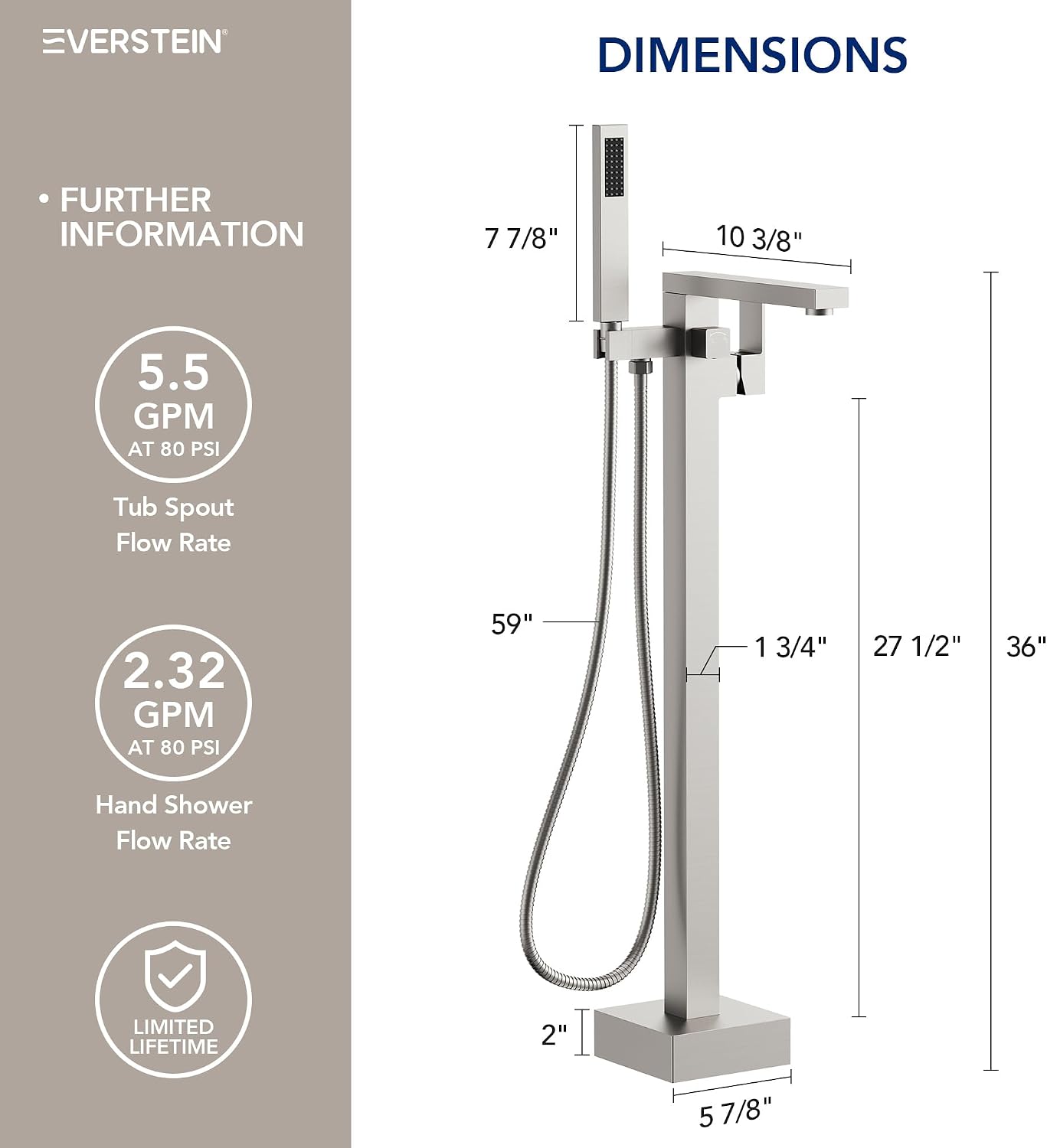 Freestanding Bathtub Faucet with Hand Held Shower, Floor Mount Tub Filler, Brass Bath Tub Faucet, Valve Included，Brushed Nickel