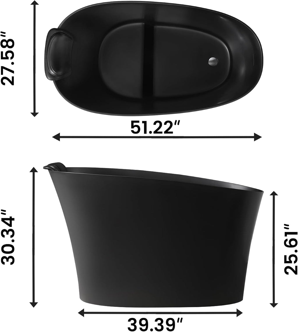 51'Freestanding Thermostatic Bathtub, Solid Surface Japanese Soaking Tub with Integrated Seat Cushion and Headrest, Includes Overflow and Drain Assembly, Oval Black(Black-51')