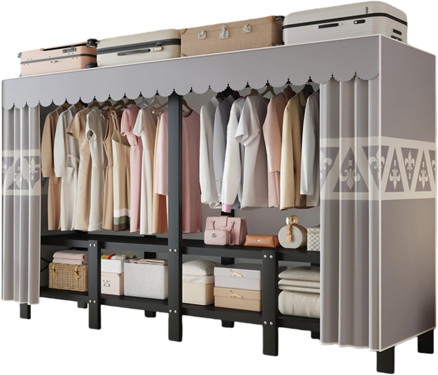 Portable Closet Rack Heavy-Duty Foldable Garment Racks,Wardrobe Closet,1200lbs Enclosed Wardrobe Closet For Hanging Clothes Storaging(87X48X170CM)