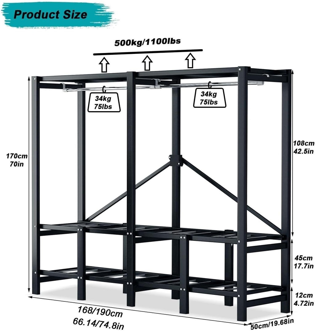 Metal Wardrobe Closet - Bedroom Fabric Wardrobe, Portable Wardrobe Closet Rack, Heavy-Duty Foldable Garment Rack With Cover, 1100lbs, Freestanding Rack Clothes Organizer System, For Corridor(190*50*17