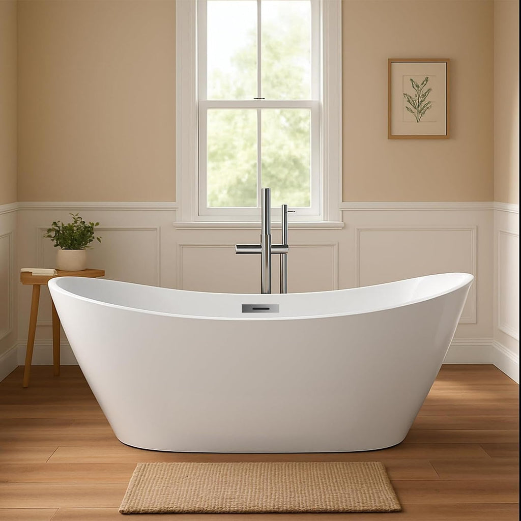 IDEALHOUSE 59' Acrylic Freestanding Bathtub Contemporary, Soaking Tub, CUPC Certified Stand Alone Tub with Non-Slip Base, Chrome Drain & Overflow, for Home Spa Relaxation(White-Sky)