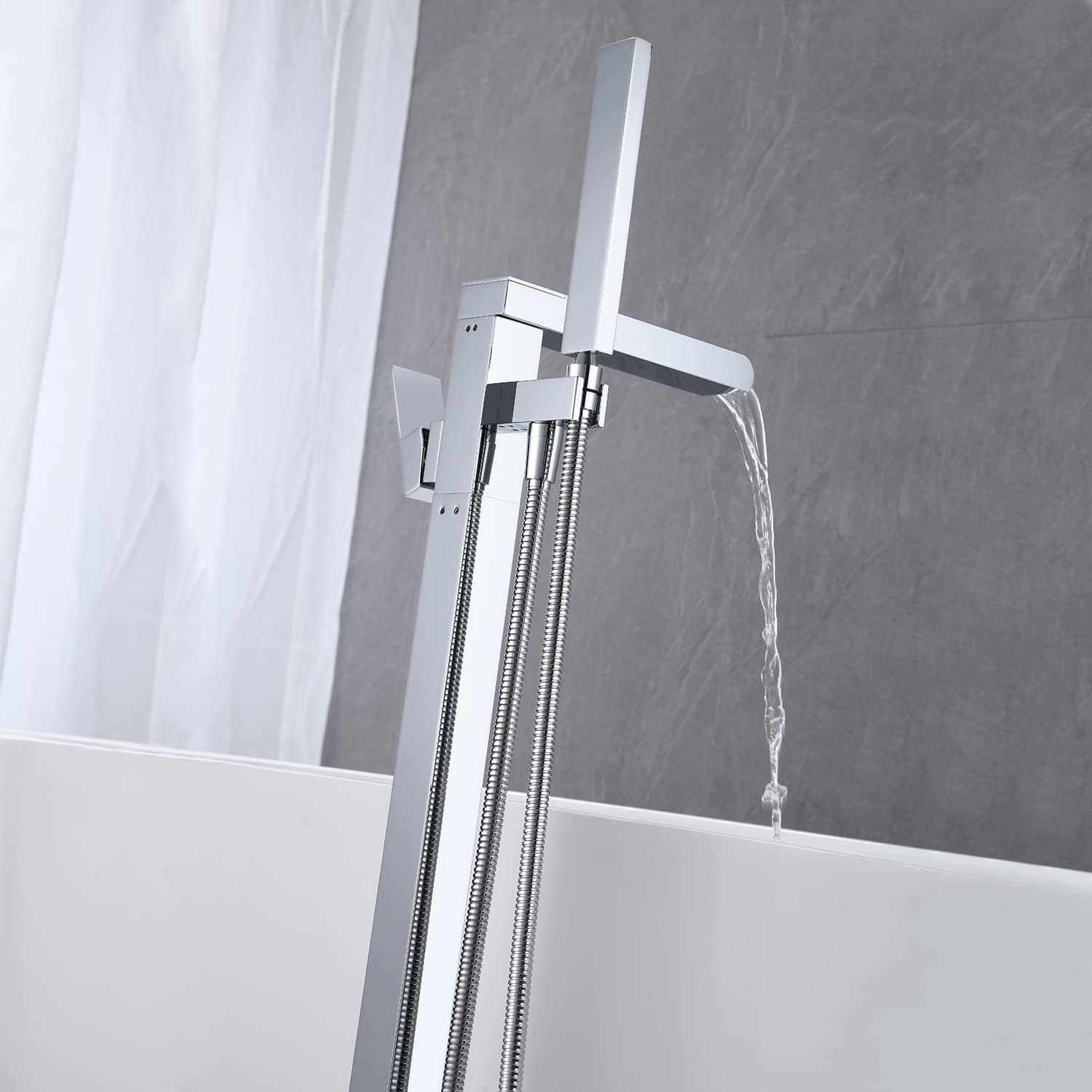 Wowkk Freestanding Tub Filler Waterfall Bathtub Faucet Chrome Floor Mount Brass Single Handle Bathroom Faucets with Hand Shower