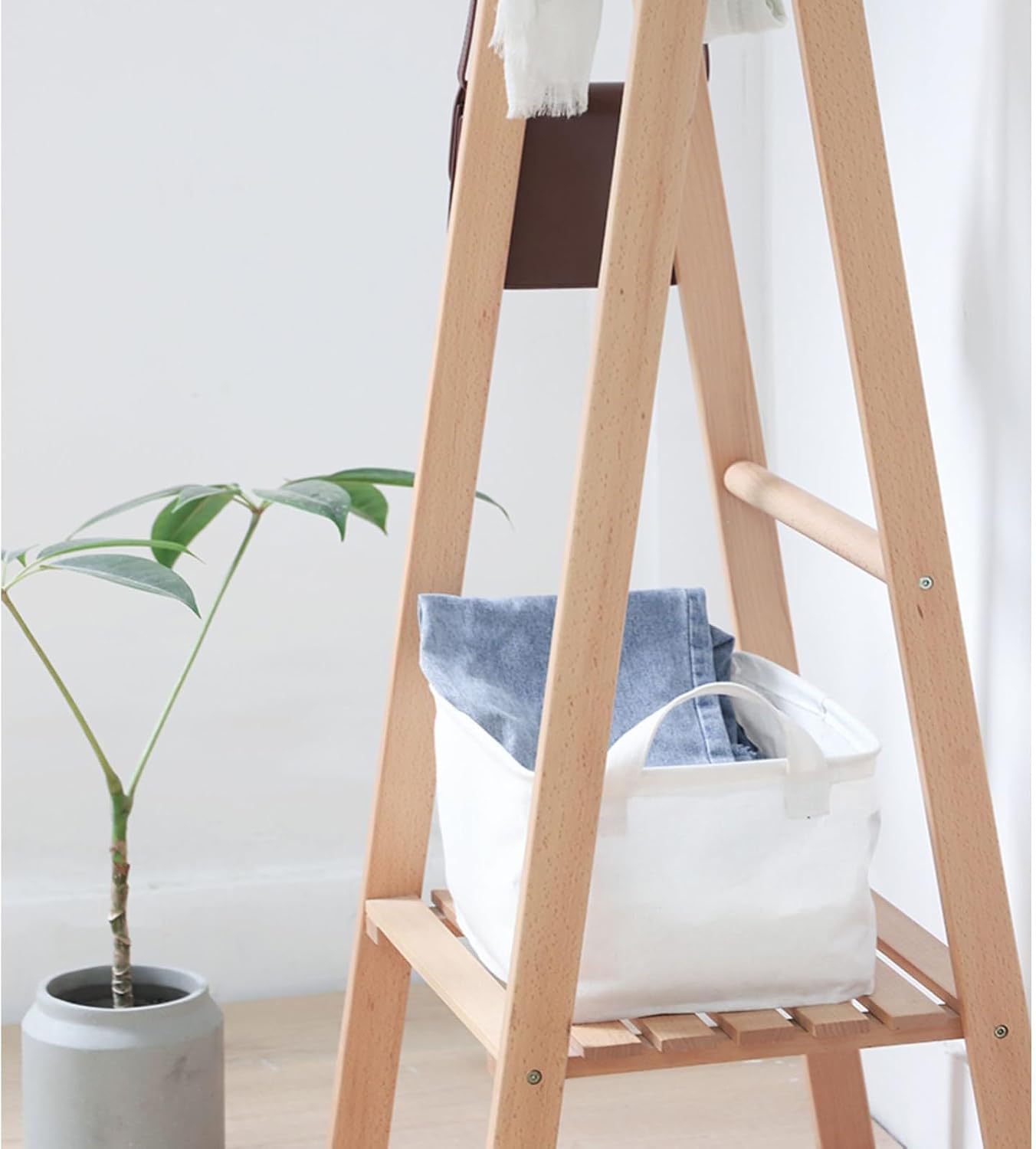 57inch Wood Garment Rack, Heavy-Duty Clothes Rack Load 110lbs Small Freestanding Wardrobe Rack For Bedroom, Bathroom, Entrance, Laundry Room(Burro Ropa+Storage basket)