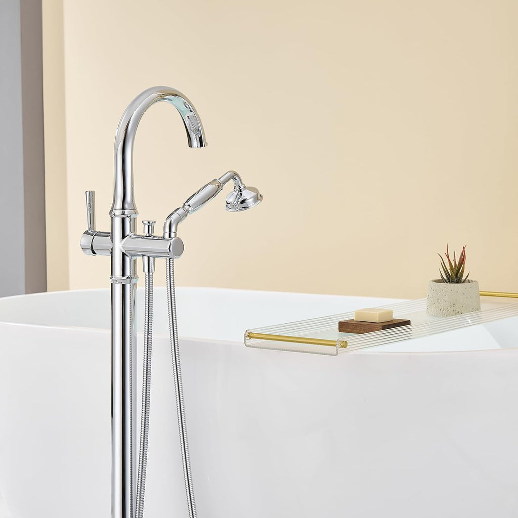 Wowkk Free Standing Tub Faucet Chrome Tub Filler Freestanding Bathtub Faucets Brass Tub Faucet with Hand Shower