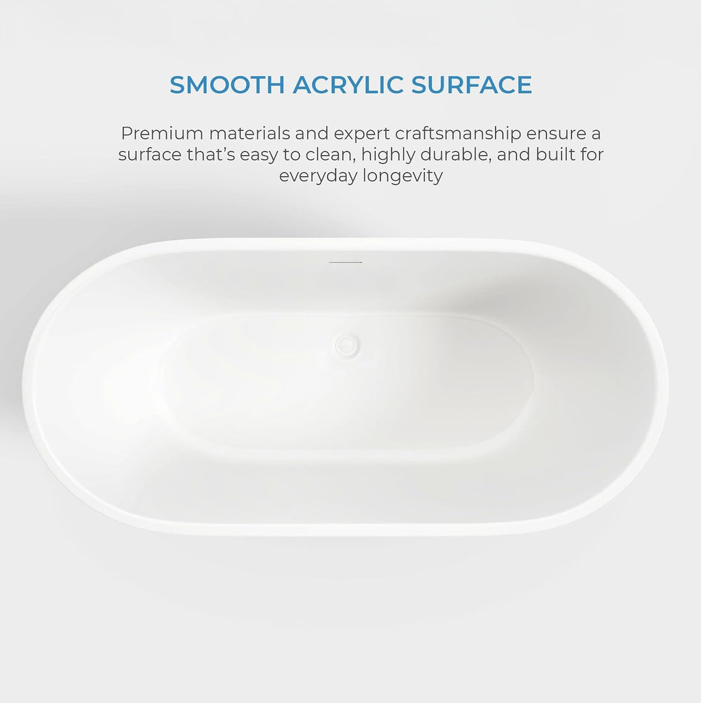 OVE Decors Ayago 59 in. Solid Surface Freestanding White Acrylic Soaking Bathtub, with Overflow and Brushed Gold Pop-up Drain